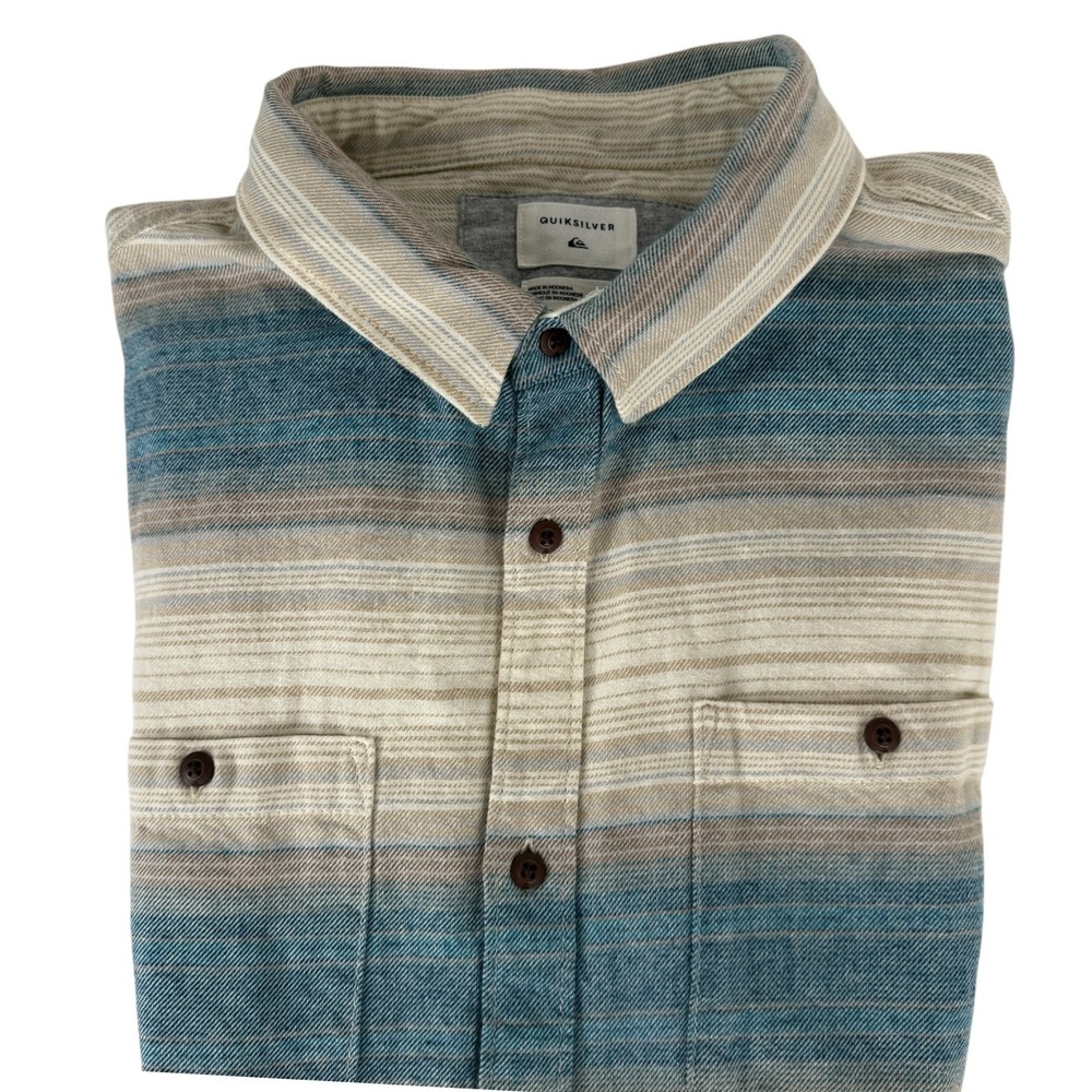 Mens Quiksilver Button Down Shirt Cotton Flannel Blue Tan Striped Long Sleeve XL